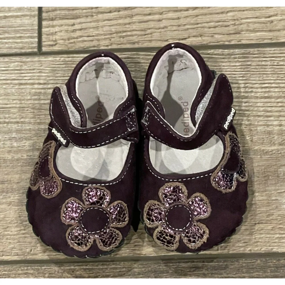 Pediped Baby Girl Leather Purple Mary Jane Flower Shoe Slip On 0-6 M SZ 2.5-3.5